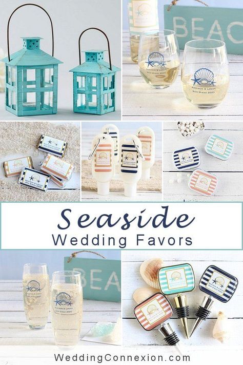 Beach Wedding Thank You Gifts, Cruise Wedding Favors Guest Gifts, Ocean Themed Wedding Decorations, Beach Wedding Table Decorations, Beach Themed Wedding Favors, Coastal Wedding Reception, Seaside Wedding Theme, Beach Wedding Favors For Guests, Seaside Wedding Decor