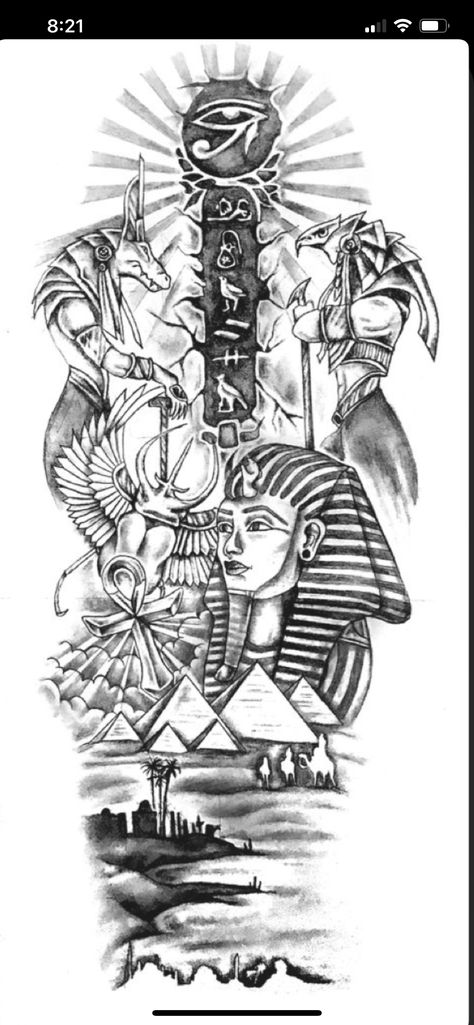 African Warrior Tattoos, Egypt Tattoo Design, Half Sleeve Tattoos Sketches, Chest Tattoo Stencils, Egyptian Drawings, Starověký Egypt, Egyptian Tattoo Sleeve, Anubis Tattoo, Half Sleeve Tattoos Drawings