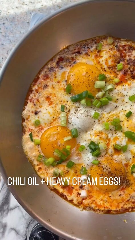 FusionForks | CHILI OIL + HEAVY CREAM EGGS Breakfast!😋😋👌👌 | Instagram Chili Oil Eggs, Cream Eggs, Egg Skillet, Eggs Breakfast, Pot Luck, Creamed Eggs, Chili Oil, Egg Breakfast, April 22