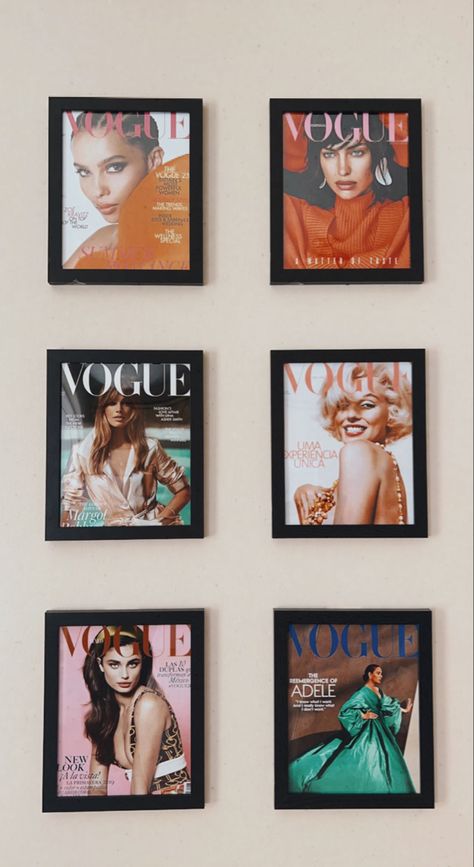 College Room Decor Aesthetic, Vouge Wall Decor, Iconic Bedroom Ideas, Photo Wall Collage Apartment, Fashion Inspired Bedroom Decor, Vogue Picture Wall Art, Fashion Inspired Room Decor, Fashion Theme Room, Room Ideas Fashion Aesthetic