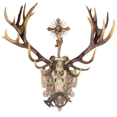 St. Hubertus Red Stag Hunt Trophy with Original Hunt Horn and Crucifix | From a unique collection of antique and modern collectibles and curiosities at https://www.1stdibs.com/furniture/more-furniture-collectibles/collectibles-curiosities/ Luxe Lodge, St Hubert, Red Stag, Deer Hunting Tips, Crossbow Hunting, Austrian Alps, Antiques Roadshow, Forest Style, Hunting Lodge