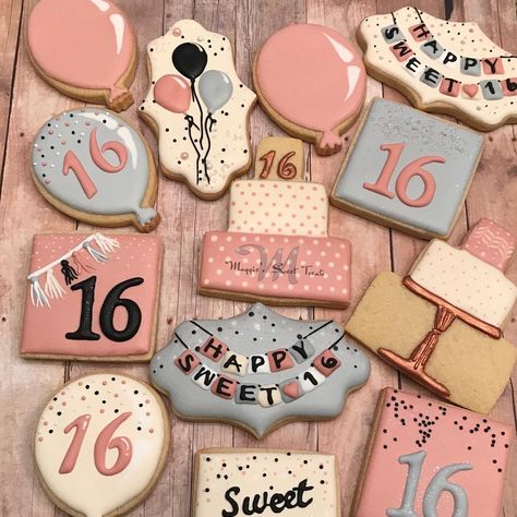 Birthday Cookies 🎈 #birthdaycookies #sweet16cookies #cookiesofinstagram #instacookies #royalicing #decoratedcookies #dekoracyjneciastka… Sweet 16 Cookies, Sweet 16 Cupcakes, 16 Cookies, Sweet Sixteen Favors, Sweet Sixteen Cakes, Sweet 16 Party Decorations, Sweet 16 Themes, Sweet 16 Birthday Cake, Sweet 16 Decorations