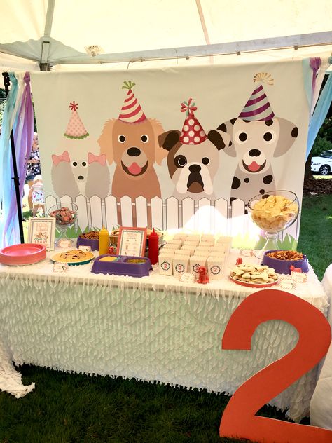 A puppy party. Most of the decor was DIY and went perfectly with our puppy themed menu! We used mostly coral, with a lot of purple and aqua accents! Puppy Party Backdrop, Dog Theme Birthday Party, Dog Themed Birthday, Dog Party Decorations, Puppy Pawty, Bone Appetit, Dog Themed Birthday Party, Birthday Puppy, Dog Themed Parties