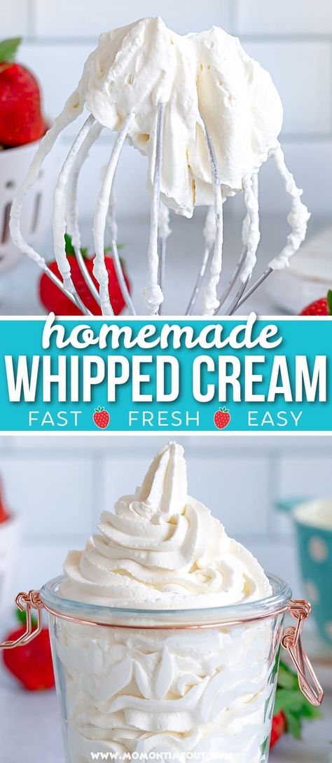 This simple Homemade Whipped Cream recipe yields the most perfect, lightly sweetened whipped cream imaginable. Made with just 3 simple ingredients and ready in just 5 minutes, it really is the perfect topping for cakes, pies and ice cream! // Mom On Timeout Whipped Topping Recipe, Fruit And Whipped Cream, Make Whipped Cream, Homemade Whipped Cream Recipe, Whipped Cream Recipe, Mom On Timeout, Recipes With Whipping Cream, Baking Stuff, Sunday Dinners