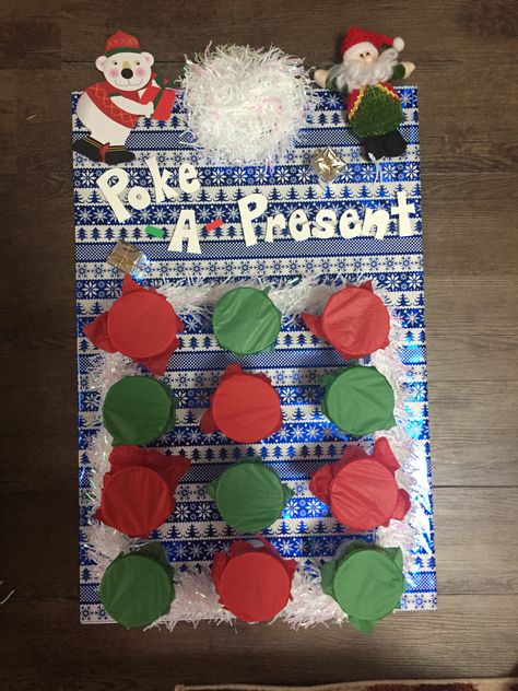 Poke a present Christmas game! I made this for the kids at the party and a tree for the adults! Poke A Present Game, Poke A Tree Christmas Game, Tupperware Games, Paparazzi Games, Christmas Party Games For Groups, Tree Trimming Party, Christmas Tree Game, Christmas Sleepover, Happy Birthday Free