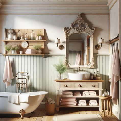 Create a realistic and intricately detailed visual representation of a modern cottage style bathroom. The color scheme features soft pastels, combining hues of cream, vintage rose, and soft green, coupled with the subtle rustic charm of wooden elements. The walls are a light shade of cream with white bead-board half way up, adding to the Cottage feel. Antique styled fixtures and accessories lend a touch of elegance to the otherwise rustic ambiance. Romantic Vintage Bathroom, Bathroom Decor Antique, Parisian Style Bathroom, Cottage Core Bathroom, Vintage Inspired Bathroom, Vintage Bathroom Decor, Rustic Vanity, Wooden Vanity, Vintage Inspired Decor