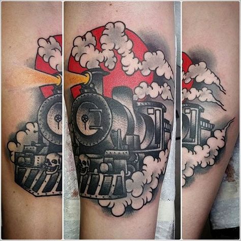 Locomotive Tattoo by Tony Mulkes #locomotive #locomotivetattoo #traintattoo #train #traditionallocomotive #traditionaltrain #oldschooltrain #oldschool #traditional #TonyMulkes | Aug 8th 2016 | 149957 Locomotive Tattoo, Train Tattoos, Guru Tattoo, Train Tattoo, Barbie Tattoo, Tattoo Concepts, Traditional Tattoo Sleeve, Traditional Tattoo Art, Classic Tattoo