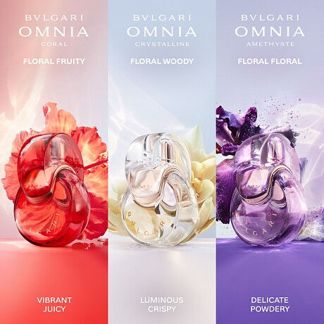 NEW BVLGARI OMNIA PERFUME RANGE Bvlgari Omnia Coral, Bvlgari Omnia Amethyste, Omnia Amethyste, Bvlgari Omnia Crystalline, Bvlgari Omnia, Iris Gardens, Balsa Wood, White Peony, Grande Cosmetics