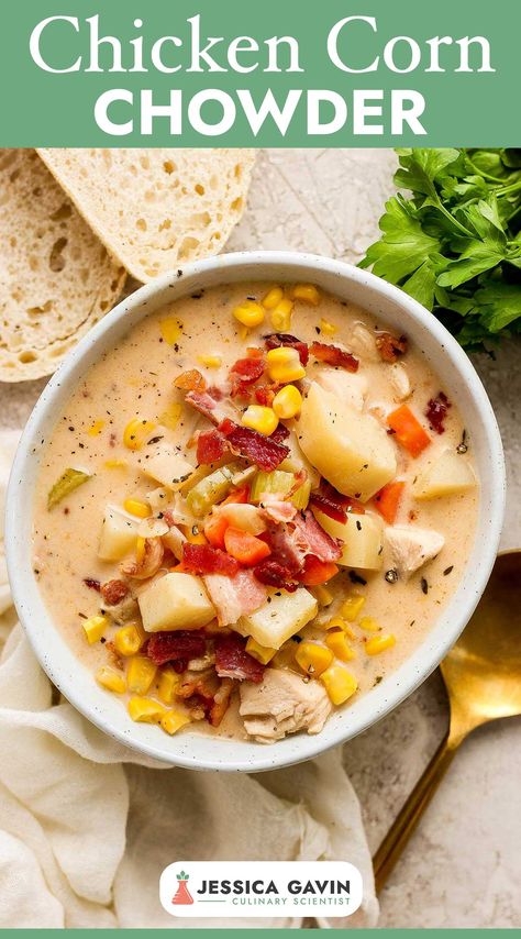 Dive into a bowl of my cozy and comforting Chicken Corn Chowder recipe. Packed with tender chicken, sweet corn, and hearty potatoes, this creamy soup is a hug in a bowl. Perfect for chilly nights or anytime you need a delicious meal. via @foodiegavin Creamy Chicken Corn Chowder, Chicken And Corn Chowder, Chicken Corn Chowder Recipe, Corn Chowder Soup, Bacon Corn Chowder, Chicken And Corn, Chicken Chowder, Chicken Soups, Chicken Corn Chowder