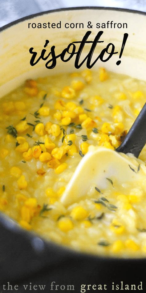 Roasted Corn and Saffron Risotto ~ you're going to love this easy vegetarian meal ~ roasted corn makes this gluten free risotto irresistible! #risotto #rice #glutenfree #dinner #recipe #Italian #healthy #vegetable  via @https://www.pinterest.com/slmoran21/ Corn Risotto, Fancy Cuisine, Fancy Recipes, Saffron Risotto, Recipe Italian, Risotto Rice, Healthy Vegetable, Risotto Recipe, Vegetarian Meal