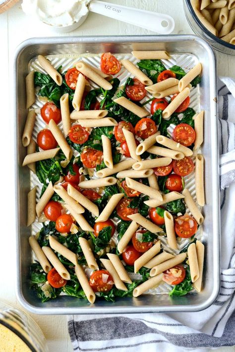 Sheet Pan Spinach Tomato Ricotta Pasta Frittata Sheet Pan Lasagne, Pasta And Ricotta, Sheet Pan Pasta, Tomato Ricotta Pasta, Pasta Frittata, Spinach Tomato, Easy Sheet Pan Dinners, Eggs In Peppers, Sheet Pans