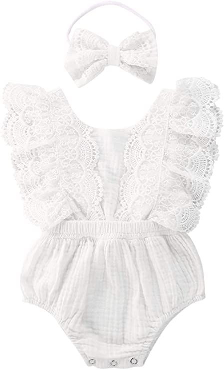 Amazon.com: Baby Girl Romper Outfit Ruffle Sleeve Bodysuit Lace Jumpsuit with Headband Infant Girl Summer Clothes: Clothing Elegant Bodysuit, Ruffle Outfit, Girls White Dress, Linen Romper, Body Suit Outfits, Vintage Outfit