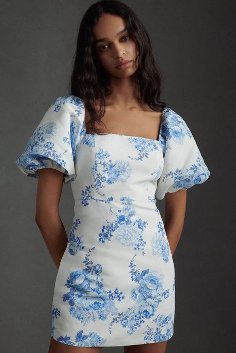 blue and white floral puff sleeve summer cocktail dresses for weddings Sachin And Babi, Best Cocktail Dresses, Summer Cocktail Dress, Sachin Babi, Cocktail Dress Wedding, Blue And White Dress, Floral Blue Dress, Puffed Sleeves Dress, Floral Mini Dress