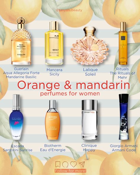 🍊 Juicy, zesty oranges and mandarins in perfumes for women 👇🏻 ▫️ Guerlain Aqua Allegoria Forte Mandarine Basilic — the original Mandarine Basilic is one of my favourite citrusy perfumes, but the Forte version lasts better, it’s slightly sweeter, juicier and intense. ▫️ Mancera Sicily — a burst of citrus, I can mainly feel sunlit oranges here, even though they aren’t listed in the notes. This brand has really long lasting perfumes. ▫️ Lalique Soleil — sun in a bottle! But it’s not only ab... Smell Like Citrus, Citrus Perfume For Women, Orange Perfume, Citrus Perfume, Seductive Perfume, Lalique Perfume, Perfume Storage, Fragrances Perfume Woman, Long Lasting Perfume