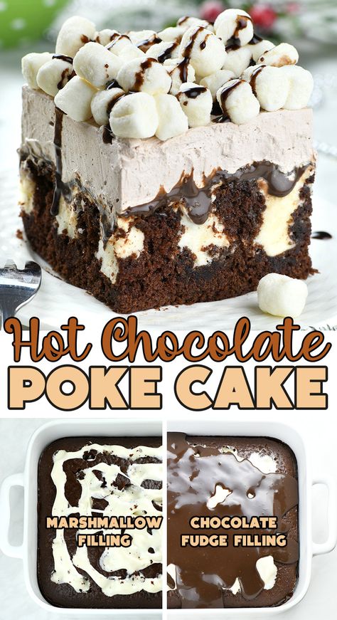 Hot Chocolate Poke Cake is the most decadent chocolate cake infused with marshmallow fluff, topped with chocolate fudge and hot chocolate whipped cream, and a pile of mini marshmallows. Tea Desserts, Chocolate Poke Cake, Dessert Simple, Poke Cake Recipes, Decadent Chocolate Cake, Poke Cakes, Christmas Food Desserts, Chocolate Dessert Recipes, Marshmallow Fluff