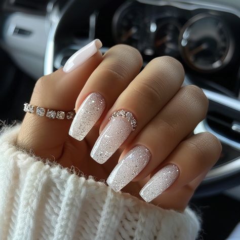 holiday nails, vacation nails, fall nails, acrylic nails, manicure, nail design, gel nails, long nails, short nails, nude nails, square nails, nail art, autumn nails, winter nails, sparkle nails, white nails, Christmas nails, Festive nails Winter Sparkle Nails, Umbre Nails, White Sparkly Nails, Square Ombre, Sparkle Ombre, White Tip Acrylic Nails, Clear Glitter Nails, Acrylic Gel Nails, Ombre Acrylic