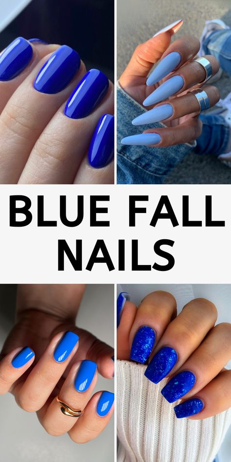 25 Stunning Pink Fall Nails 2024: Trendy Designs to Rock This Autumn Blue Acrylics With Glitter, Blue September Nails, September Blue Nails, September Nails Blue, Navy Orange Nails, Navy Blue And Orange Nails, Powder Blue Nails Designs, Fall Blue Nail Colors, Blue Fall Nails Designs