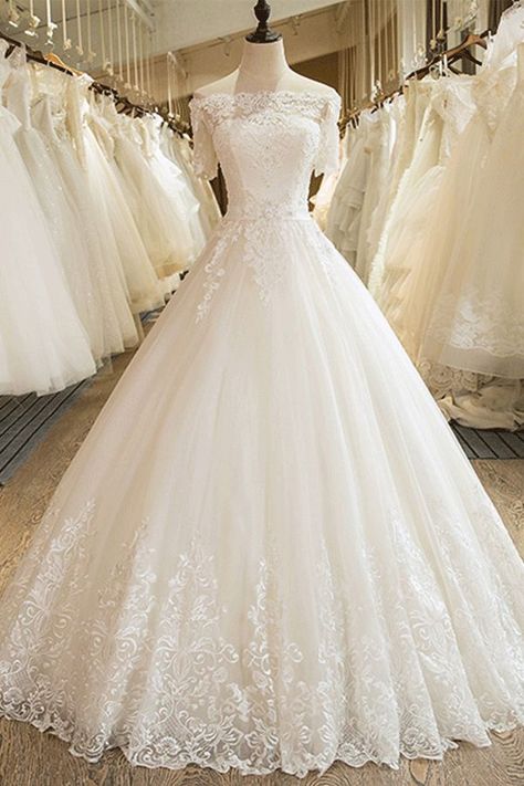 Tulle Ball Gown Off Shoulder Bateau Wedding Dress with Sleeves#wedding#wedding dress Ivory Bridal Gown, Ivory Wedding Gown, Vintage Wedding Dress Boho, Vintage Boho Wedding, White Wedding Dress, Ivory Bridal, Formal Dresses For Weddings, Tulle Wedding, Tulle Wedding Dress