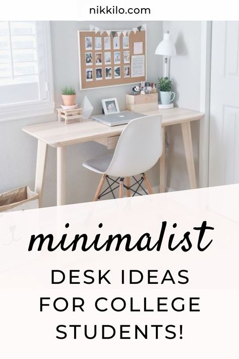 Minimalist desk setups are not only aesthetically pleasing, but the lack of clutter can do wonders when it comes to staying focused. In today’s post, I’m sharing minimalist desk setups ideal for a college student looking to put together the perfect workspace in their dorm room or other small space. I’ve included ideas with a variety of different aesthetics and I'm sharing my best tips and finds to recreate these desk setups! Tap or click to keep reading. Minimalist Office Desk Decor, Simple Desk Setup Small Spaces, Minimalist Study Space, Study Room Decor Student, Minimalist Bedroom Desk, Minimalistic Desk Setup, College Desk Setup, Simple Desk Setup, Small Desk Setup