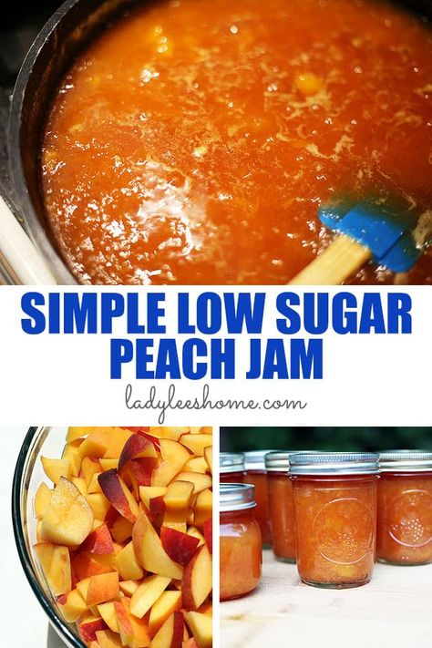 Low sugar peach jam is very easy to make. This recipe uses half of the amount of sugar that you'll find in traditional peach jam and no store-bought pectin. It's also a simple jam to can, so really a mast summer jam to have on the shelf! Apricot Pineapple Jam Recipe, Peach Jam Recipe Without Pectin, Low Sugar Peach Jam, Apricot Pineapple Jam, Low Sugar Jam Recipes, Pineapple Jam Recipe, Peach Freezer Jam, Low Sugar Jam, Peach Jam Recipe