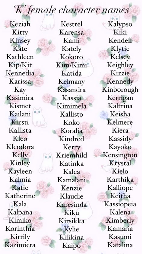 Girl names beginning in the letter ‘k’. Female Last Names, Female Oc Names, K Names For A Girl, K Names For Girls, Girl Names For Characters, Gothic Female Names, Names For Fictional Characters, Cute Female Names, Character Names Girl