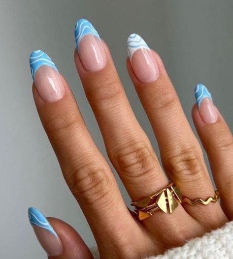 Light blue and icy blue French tips with swirls Beachy Nails, Blue Acrylic Nails, Summery Nails, Classy Acrylic Nails, Almond Acrylic Nails, Short Acrylic Nails Designs, Nagel Inspo, Fire Nails, Dream Nails