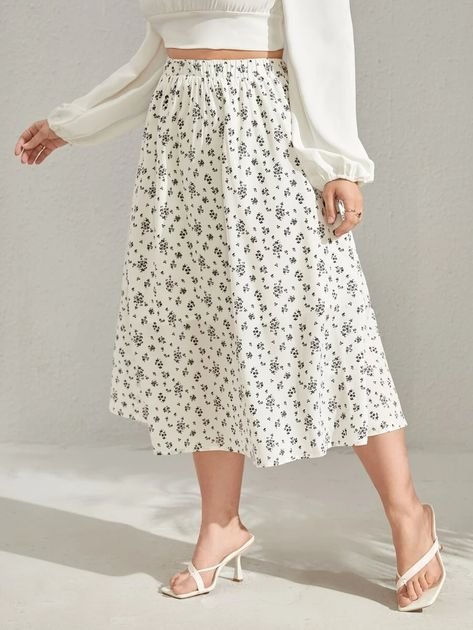 Plus High Waist Ditsy Floral Skirt | SHEIN USA Green Floral Skirt Outfit Summer, White Floral Skirt Outfit, Green Floral Skirt Outfit, Floral Skirt Outfit Summer, Ditsy Floral Skirt, Floral Skirt Outfits, Elegant Midi Skirt, Green Floral Skirt, Skirt Outfit Summer