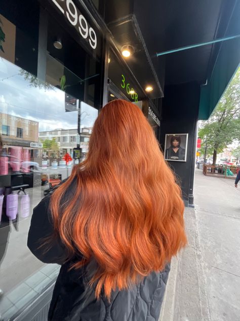 Long ginger copper hair done in Montreal Fiery Ginger Hair, Long Copper Hair Balayage, Reddish Ginger Hair, Ginger Hair With Dark Roots, Long Hair Ginger, Ginger Long Hair, Dyed Ginger Hair, Orange Copper Hair, Light Ginger Hair