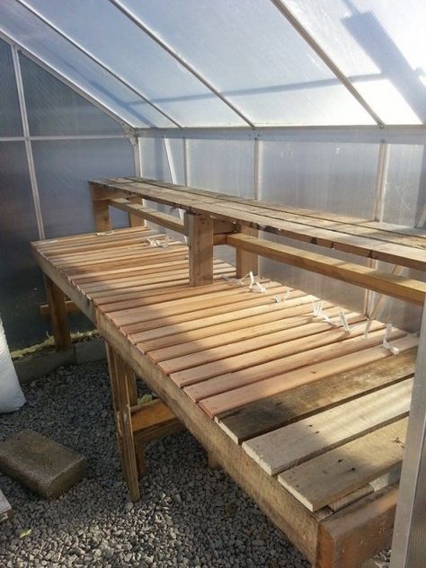 Greenhouse Benches - Ideas on Foter Diy Greenhouse Shelves, Greenhouse Shelf, Serre Diy, Greenhouse Shelves, Greenhouse Benches, Truck Garden, Made From Pallets, Diy Greenhouse Plans, Greenhouse Shed