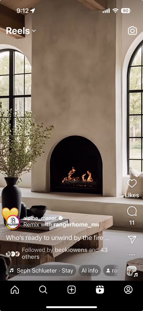 Fireplace With Arched Windows On Each Side, Arch Stone Fireplace, Fireplace Built Ins Arch, Fireplace With Arched Built Ins, Oval Fireplace, Arched Gas Fireplace, Arch Fireplace, Plaster Fireplace, Curved Fireplace