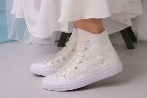 Excited to share the latest addition to my #etsy shop: Luxory Lace Ivory Wedding Converse High Top, Custom Converse Shoes For Bride, Bridal High Top Sneakers with Dubai Lace #clothing #shoes #women #conversehightop #bridalconverse #weddingconverse #blingglam #wedding https://etsy.me/2snqHXz Wedding Sport Shoes, Sneakers Bride, Bride Apparel, Wedding Tennis Shoes, Wedding Sneakers For Bride, Wedding Challenge, Bride Converse, Custom Converse Shoes, Converse Wedding