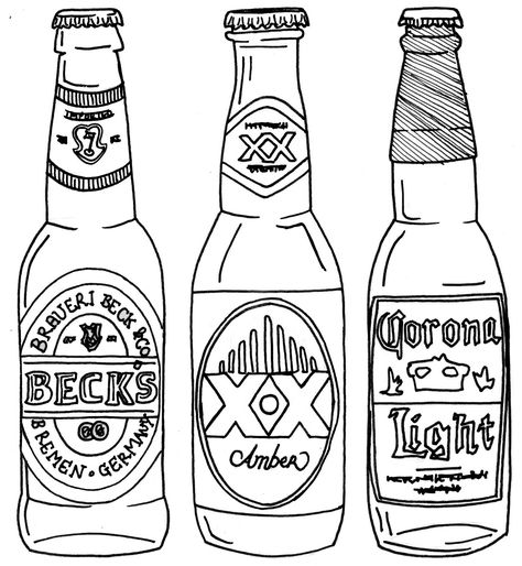 Soda Drawing, Beer Sketch, Beer Bottle Drawing, Beer Bottle Template, Alcohol Sketch, Alcohol Tattoo, Beer Doodle, Tattoo Printable, Beer Tattoo