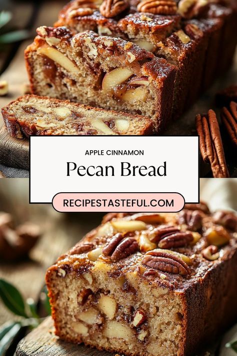 Apple Cinnamon Pecan Bread is a moist and flavorful loaf loaded with warm cinnamon, tender apples, and crunchy pecans. Perfect for breakfast, dessert, or a cozy afternoon snack! #AppleCinnamonBread #FallBaking #PecanBread Leaf Bread Recipe, Homemade Breakfast Baked Goods, Apple Cinnamon Pecan Bread, Cinnamon Pecan Bread Recipe, Pecan Bread Recipe, Pecan Bread, Apple Cinnamon Bread, Cozy Afternoon, Cinnamon Pecans