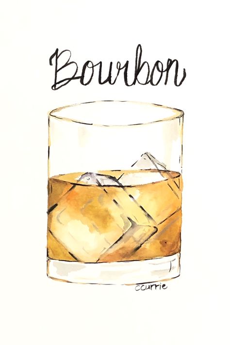 Bourbon Painting Canvas, Bourbon Drawing, Watercolor Bourbon, Whiskey Glass Drawing, Bourbon Tattoo, Bourbon Painting, Wine Tattoo, Whiskey Quotes, Whiskey Lounge