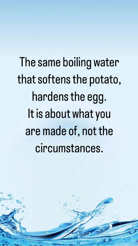 The same boiling water that softens the potato, hardens the egg. It is about what you are made of, not the circumstances. The Same Boiling Water That Softens, Water Quotes, Snoopy Quotes, Boiling Water, The Egg, Inspire Me, Potato, Egg, Life Quotes