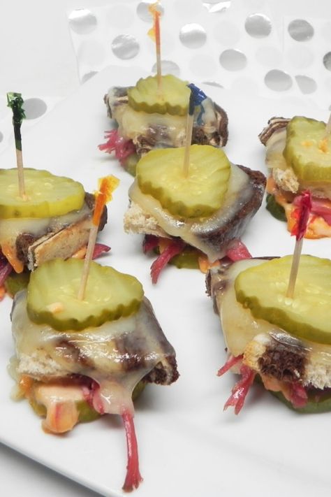 Reuben Pickle Sliders | "Game day...check. Reubens...check. Happy guests...check! Don't expect these to hang around long." #allrecipes #appetizers #appetizerrecipes #appetizerideas #apps #recipes #entertaining Pickle Sliders, Pickle Bites, Reuben Sliders, Horseradish Mayo, Cooking Corned Beef, Shrimp Toast, Pickle Slices, Prepared Horseradish, Onion Relish