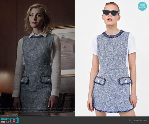 The Frost Sisters’ blue tweed dress on The Gifted.  Outfit Details: https://wornontv.net/110791/ #TheGifted Tweed Aesthetic, Blue Tweed Dress, Skyler Samuels, Weave Dress, Tweed Outfit, Zara Tweed, The Gifted, Prep Style, Tv Show Outfits