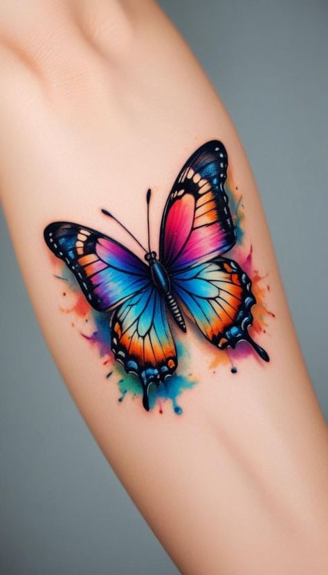 Small Feather Tattoo, Borboleta Tattoo, Botanical Tattoos, Watercolor Tattoo Ideas, Colorful Butterfly Tattoo, Remembrance Tattoos, Whimsy Art, Tattoos For Women Flowers, Watercolor Tattoos