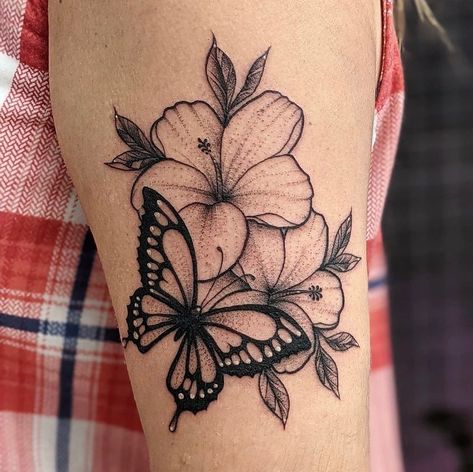 Hibiscus And Butterfly Tattoo, Flowers With Butterflies Tattoo, Rose Butterfly Tattoo Design, Holiday Tattoos, Butterfly And Flower Tattoo, Dragonfly Tattoos, Hibiscus Flower Tattoos, Rose And Butterfly Tattoo, Butterfly With Flowers Tattoo