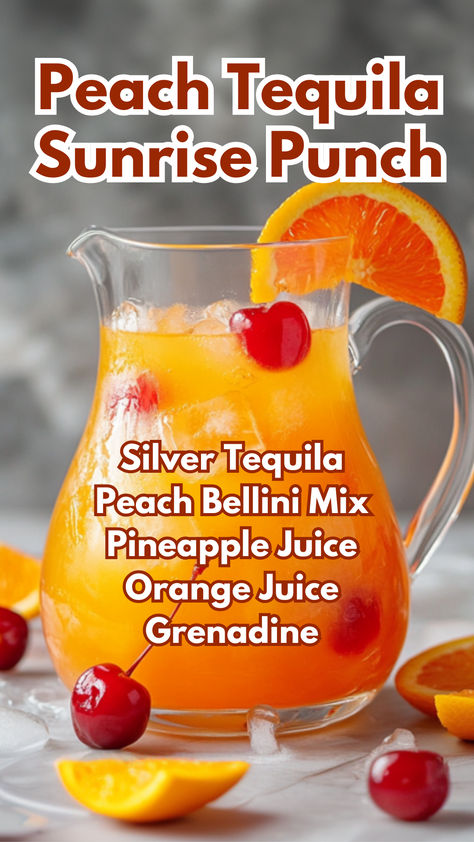 Peach Tequila Sunrise Punch Orange Alcoholic Punch, Punch With Tequila, Peach Rum Drinks Recipes, Peach Rum Punch, Silver Tequila Drinks, Peach Flavored Alcoholic Drinks, Sunrise Punch, Tequila Peach Pineapple Punch, Cocktail Board