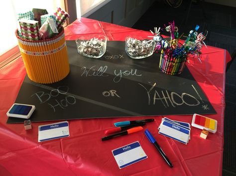 Boo Hoo/Yahoo; Cheers/Tears Breakfast for K4/K5 Parents. Used yellow smiley stamps and blue sad face stamps on Name Tags. Boo Hoo Breakfast Ideas First Day, Pta Events, Family Math Night, Pta Fundraising, Math Night, School Pto, Pta School, Parent Involvement, Yearbook Themes