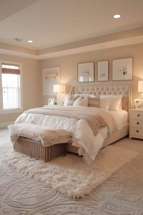 Cozy Beige Bedroom Aesthetic, Neutral Main Bedroom, Country Romance Bedroom, Beige Bedroom Ideas Aesthetic, Neutral Guest Room Ideas, Carpet On Top Of Carpet Ideas, White And Beige Room Aesthetic, Classy Bedroom Decor Luxury, Apartment Bedroom With Carpet