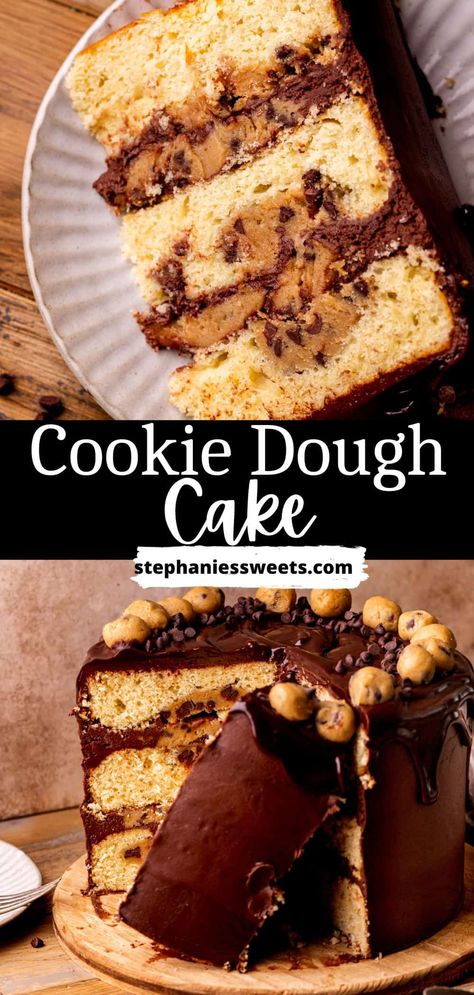 This cookie dough cake is a layered vanilla cake with cookie dough baked in. It is filled with chocolate cream cheese frosting and cookie dough. It celebrates cookie dough in every layer. Cake With Cookie Dough, Chewy Sugar Cookie Recipe, Cookie Dough Filling, Cookie Dough Cake, Spring Time Desserts, Spring Recipes Dessert, Chocolate Cream Cheese Frosting, Sweet Temptation, Dream Food