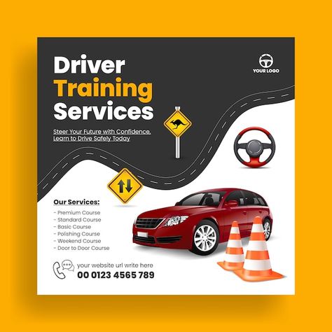 Vector driving lessons and car driving s... | Premium Vector #Freepik #vector Driving School Advertisement, Driving School Design, Driving School Poster, School Social Media, Training Design, Awareness Poster, Driving Instructor, Driving Lessons, Feed Ig