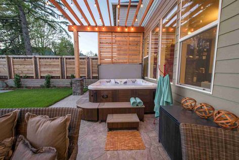 Backyard Privacy Screen, Hot Tub Privacy, Living Structures, Tub Surrounds, Hot Tub Landscaping, Hot Tub Patio, Hot Tub Designs, Hot Tub Backyard, Tub Ideas