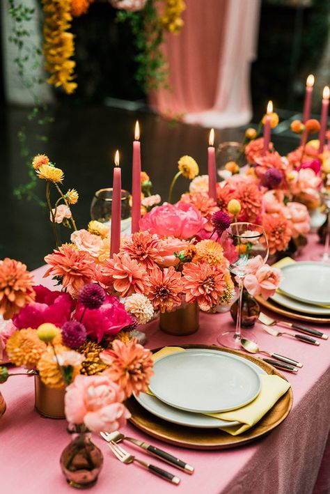 Ultra colorful wedding design inspired by Indian floral garlands and Day of the Dead Tequila Sunset, Backyard Elopement, 21 Diner, Sunset Party, Tafel Decor, Rooftop Wedding, Coral Wedding, 100 Layer Cake, Sunset Wedding