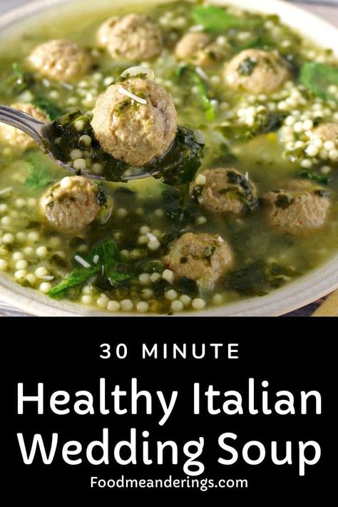 This healthy, easy and quick Italian Wedding Soup can be made it 30 minutes using frozen meatballs and frozen spinach! It's perfect for a weeknight but can also be made ahead. #meatballs #spinach #healthy #easy #foodmeanderings #Italian #Italianweddding #soup Healthy Italian Wedding Soup, Easy Italian Wedding Soup, Frozen Italian Meatballs, Soup Bread, Make Chicken Broth, Spinach Healthy, Italian Wedding Soup Recipe, Healthy Italian, Wedding Soup