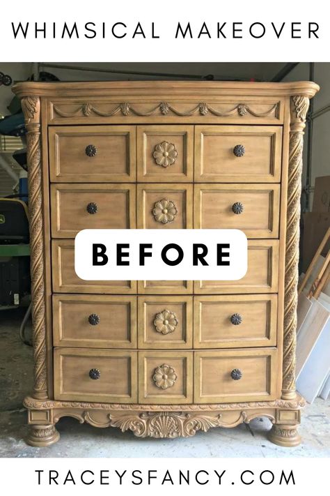 Funky, Whimsical Painted Dresesr Makeover -- here's the before! #traceysfancy #paintedfurniture Whimsical Dresser, Chalk Paint Dresser, Bed Makeover, Painted Dressers, Design A Room, Nightstand Makeover, Painted Night Stands, Dresser Ideas, Painted Trunk