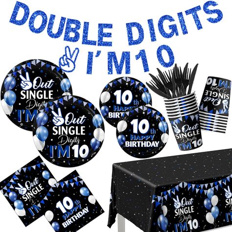 PRICES MAY VARY. 【10 BIRTHDAY DECORATIONS FOR BOYS】You will get 142pcs 10 year old boy birthday decorations dinnerware set include 1pc"double digits I am 10"banner,1pc navy blue 10th birthday boy tablecloth, 20pcs 9inch out single digits plates ,20pcs 7inch 10th happy birthday dessert plates,40pcs 10 year old birthday decorations boy napkins and 20pcs knives and forks.which can serve 20 guests and meet your 10th birthday party supplies .Your party will be full of happy atmosphere with these 10th Ten Year Old Boy Birthday Party Ideas, 10th Birthday Themes Boys, Double Digit Birthday Ideas Boys, Tenth Birthday Party Ideas Boys, Boy 10th Birthday Ideas, 10th Birthday Party Ideas For Boys, 10th Birthday Boy Party Themes, Boys 10th Birthday Party Ideas, 10th Birthday Cakes For Boys