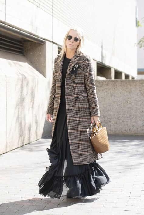 Team a Flounced Dress With a Classic Coat Coat Winter Outfit, Dress In Winter, Classic White Dress, Maxi Dress Outfit, Long Winter Coats, Dress Sketches, Flounced Dress, Classic Coats, Coat Winter